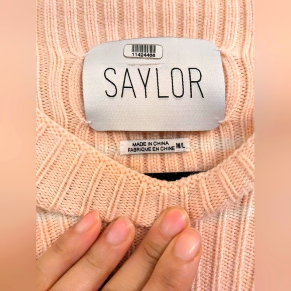Saylor Reformation Pink White Stripped Ribbed Knit Wool Crewneck Balloon Sleeve - Picture 3 of 8